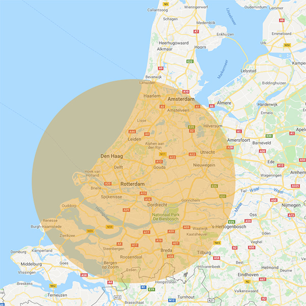 Kaartje werkgebied Rotterdam en omgeving